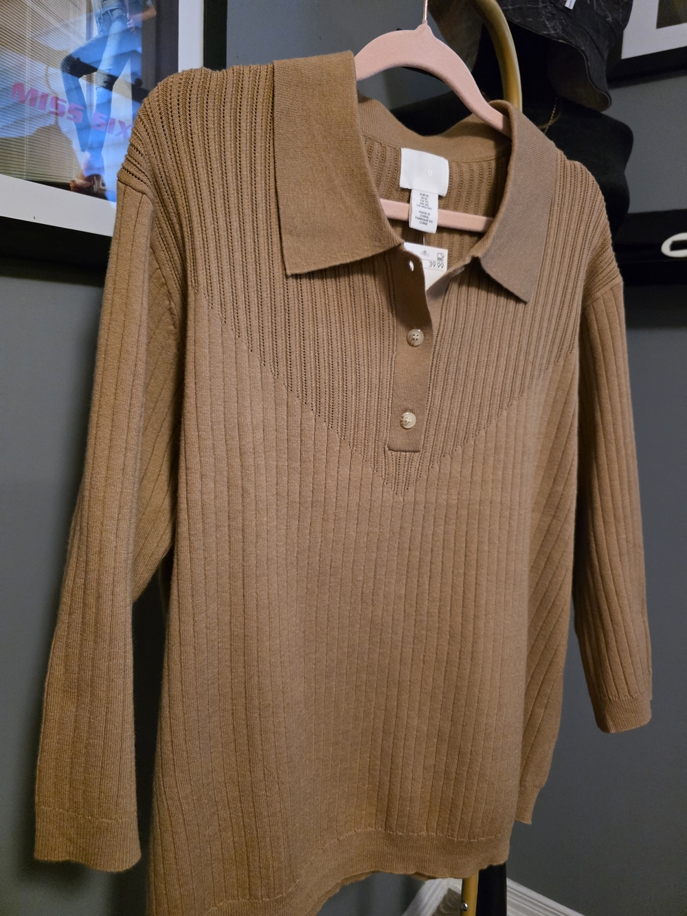 NWT H&M Camel Ribbed Knit Collared Polo Sweater XL | 3/4 Sleeve Capsule Wardrobe - Picture 4 of 12